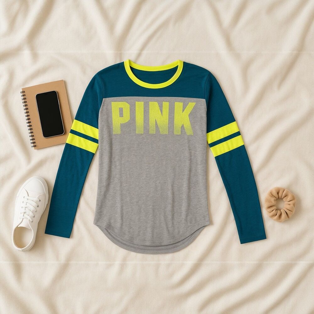 Victoria’s Secret PINK Long Sleeve Varsity Tee Gray Teal Neon Yellow XS